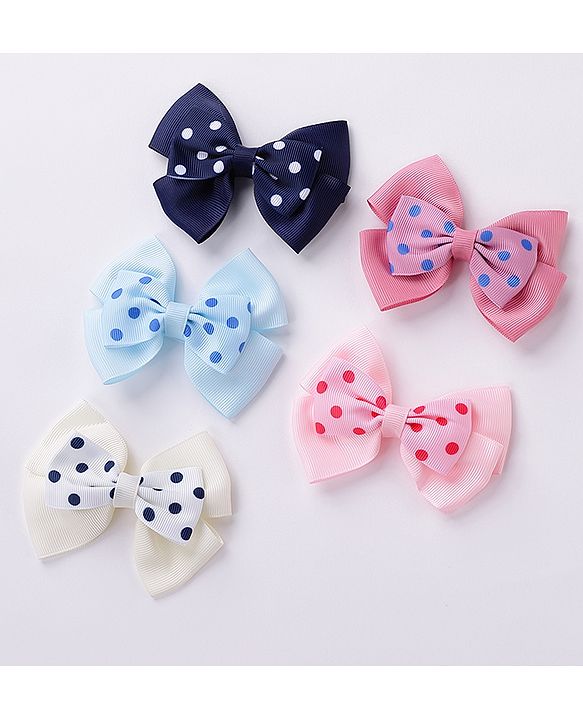 Pine Kids Free Size Bow & Butterfly Cips with Polka Dots Print Pack of 5 - Multicolour