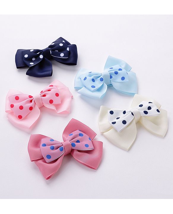 Pine Kids Free Size Bow & Butterfly Cips with Polka Dots Print Pack of 5 - Multicolour