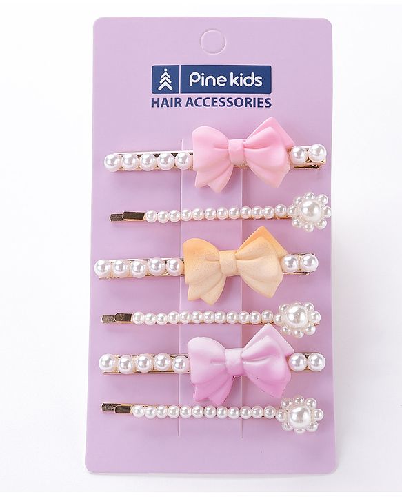 Pine Kids Hair Pins And Clips with Bow Applique Free Size Pack of 6 - Multicolour