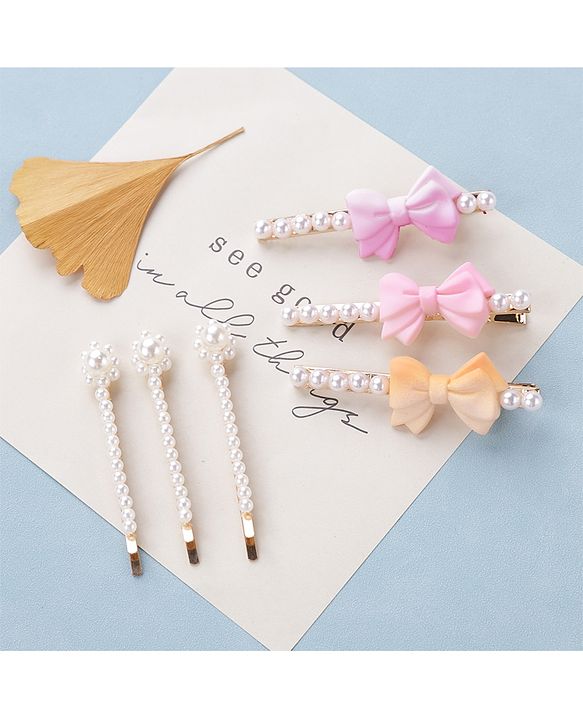 Pine Kids Hair Pins And Clips with Bow Applique Free Size Pack of 6 - Multicolour