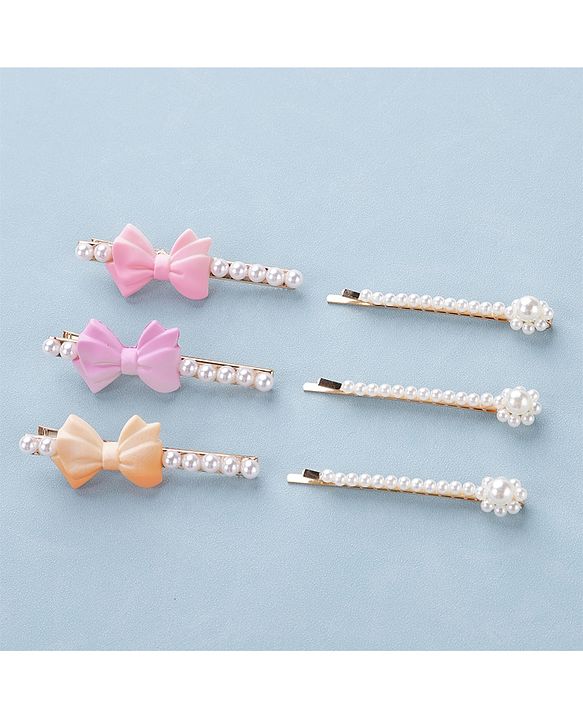 Pine Kids Hair Pins And Clips with Bow Applique Free Size Pack of 6 - Multicolour