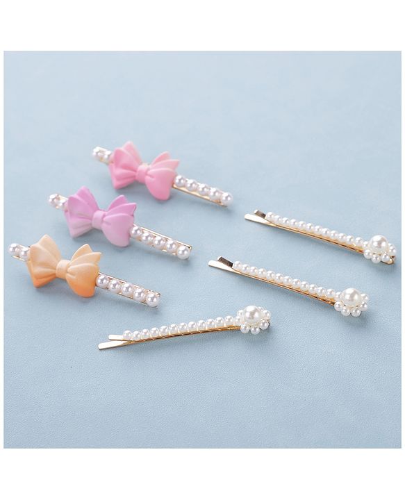 Pine Kids Hair Pins And Clips with Bow Applique Free Size Pack of 6 - Multicolour