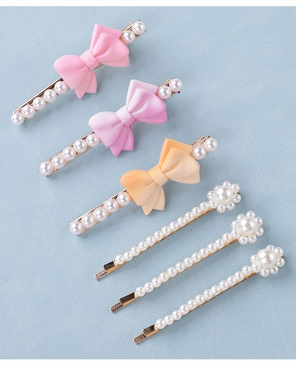 Pine Kids Hair Pins And Clips with Bow Applique Free Size Pack of 6 - Multicolour