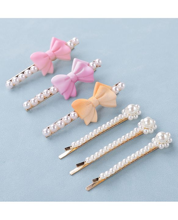 Pine Kids Hair Pins And Clips with Bow Applique Free Size Pack of 6 - Multicolour