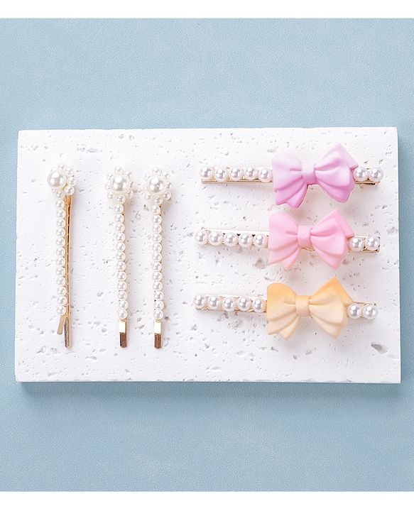 Pine Kids Hair Pins And Clips with Bow Applique Free Size Pack of 6 - Multicolour