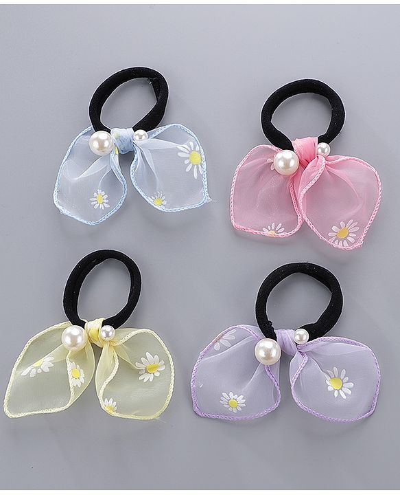 Pine Kids Free Size Rubber Bands Set with Pearl & Floral Design Pack of 4 -  Multicolor