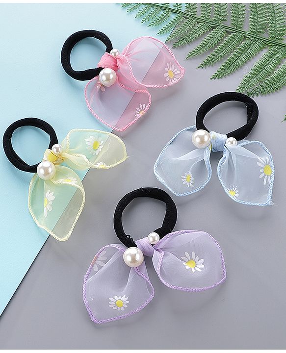 Pine Kids Free Size Rubber Bands Set with Pearl & Floral Design Pack of 4 -  Multicolor