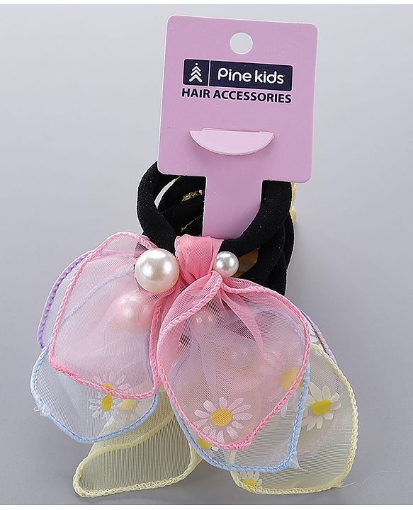Pine Kids Free Size Rubber Bands Set with Pearl & Floral Design Pack of 4 -  Multicolor