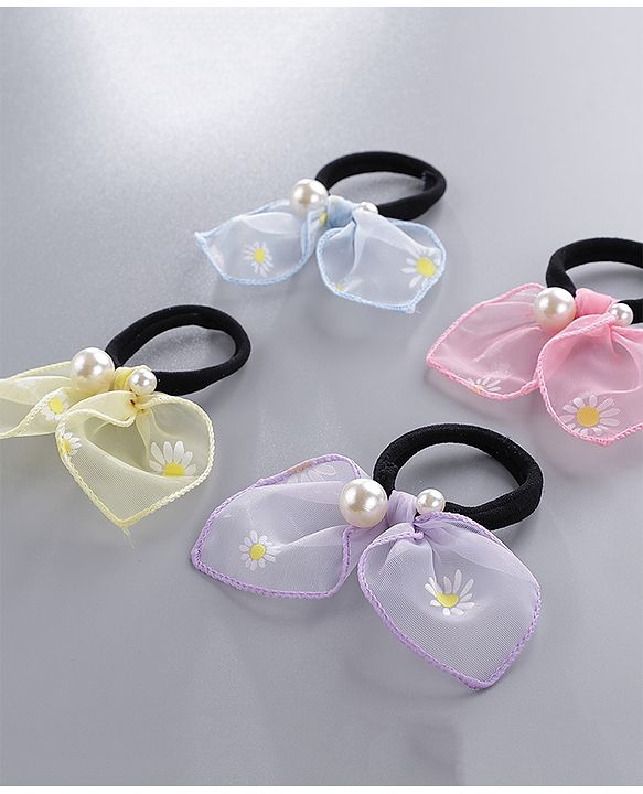 Pine Kids Free Size Rubber Bands Set with Pearl & Floral Design Pack of 4 -  Multicolor