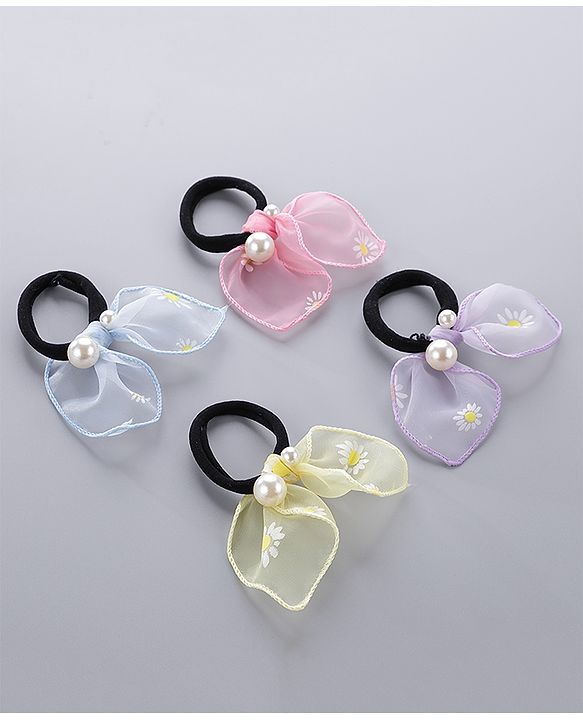 Pine Kids Free Size Rubber Bands Set with Pearl & Floral Design Pack of 4 -  Multicolor