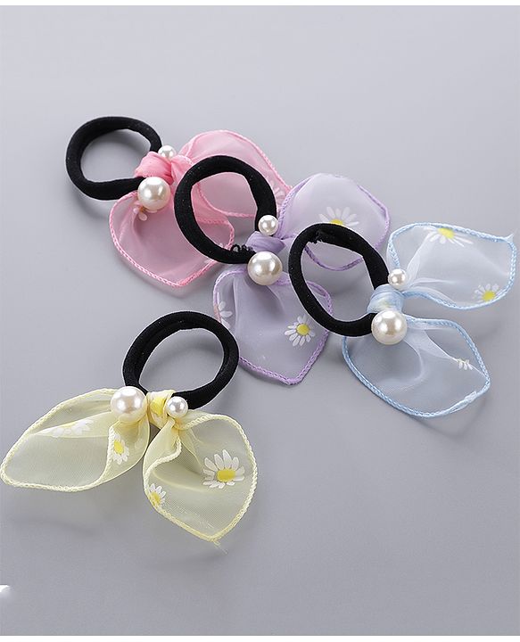Pine Kids Free Size Rubber Bands Set with Pearl & Floral Design Pack of 4 -  Multicolor