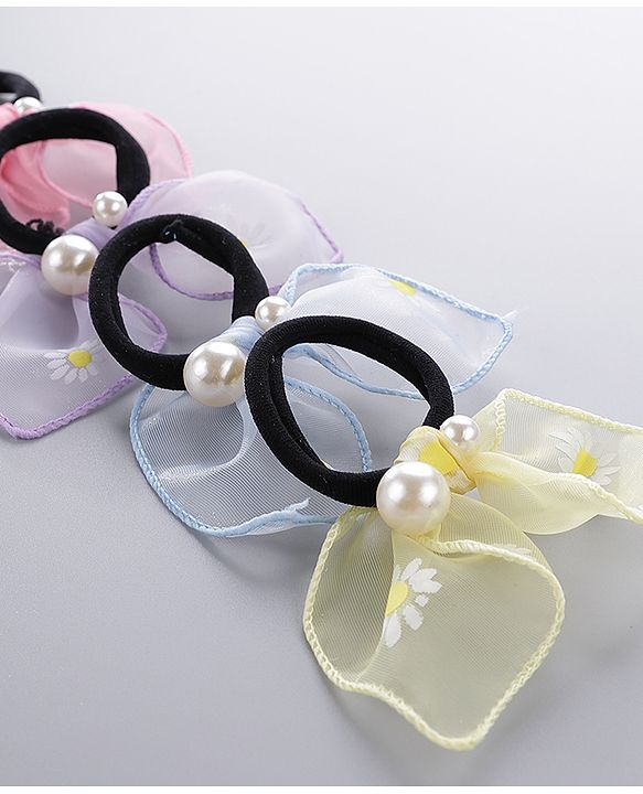 Pine Kids Free Size Rubber Bands Set with Pearl & Floral Design Pack of 4 -  Multicolor