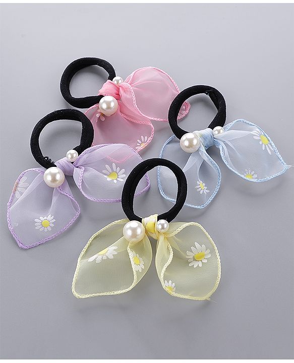 Pine Kids Free Size Rubber Bands Set with Pearl & Floral Design Pack of 4 -  Multicolor