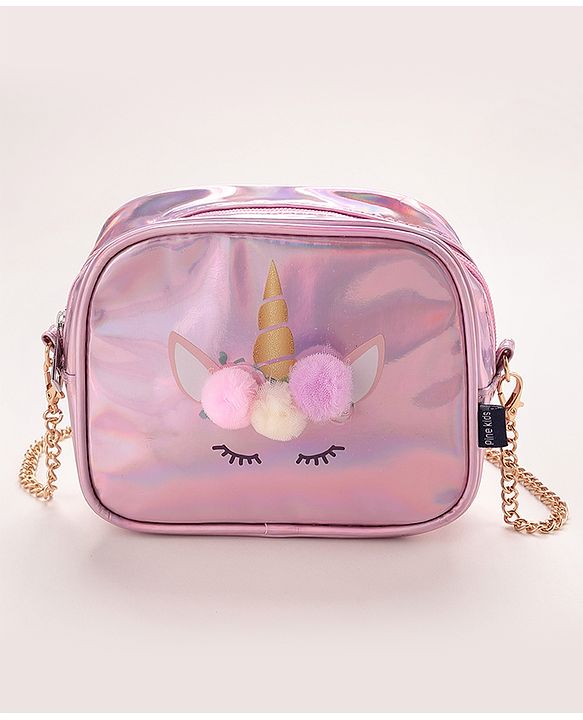 Pine Kids Sling Bag With Unicorn Print & Pom Pom Applique -Pink