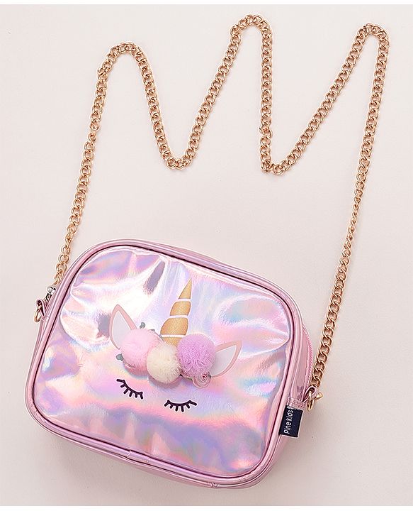 Pine Kids Sling Bag With Unicorn Print & Pom Pom Applique -Pink