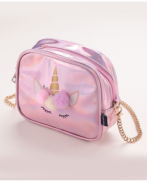Pine Kids Sling Bag With Unicorn Print & Pom Pom Applique -Pink