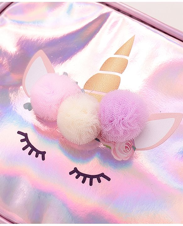 Pine Kids Sling Bag With Unicorn Print & Pom Pom Applique -Pink