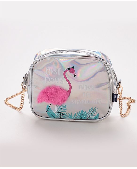 Pine Kids Sling Bag With Flamingo Bird Print - Silver