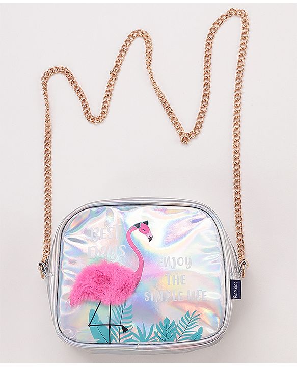 Pine Kids Sling Bag With Flamingo Bird Print - Silver