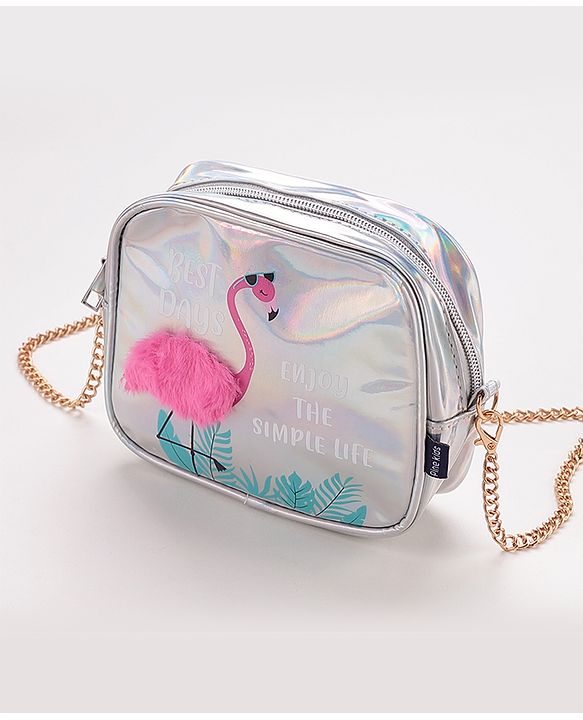 Pine Kids Sling Bag With Flamingo Bird Print - Silver