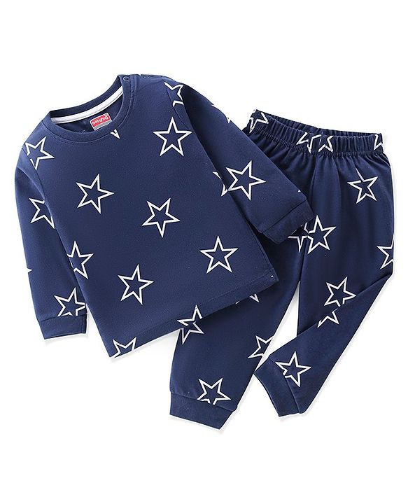 Babyhug Single Jersey Full Sleeves Night Suit Stars Print - Navy Blue