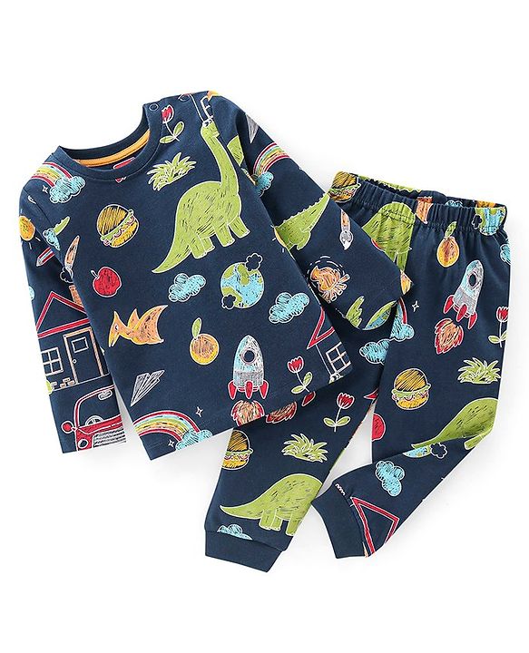 Babyhug Cotton Knit Full Sleeves Night Suit With Dino Print - Navy Blue & Green