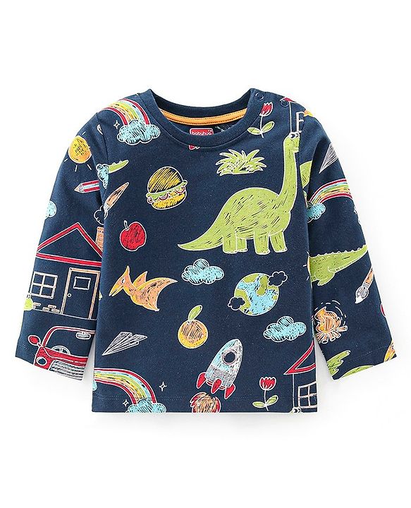 Babyhug Cotton Knit Full Sleeves Night Suit With Dino Print - Navy Blue & Green