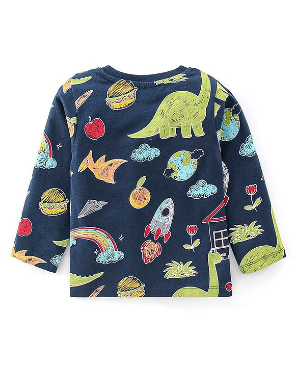 Babyhug Cotton Knit Full Sleeves Night Suit With Dino Print - Navy Blue & Green