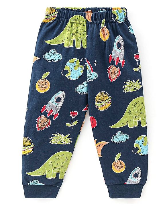 Babyhug Cotton Knit Full Sleeves Night Suit With Dino Print - Navy Blue & Green
