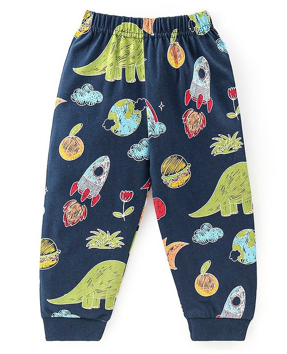 Babyhug Cotton Knit Full Sleeves Night Suit With Dino Print - Navy Blue & Green