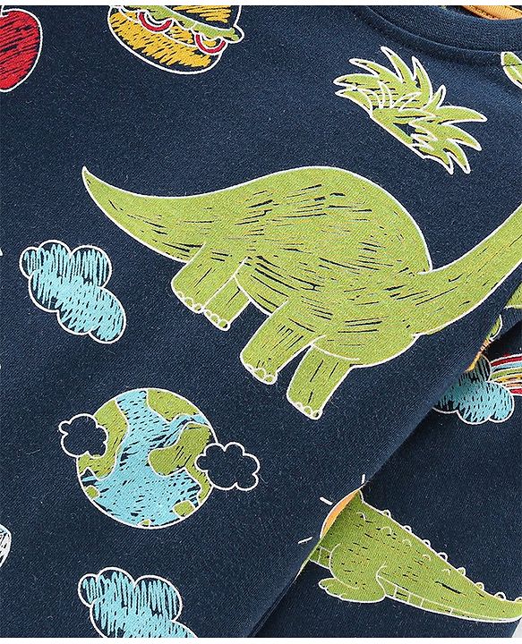 Babyhug Cotton Knit Full Sleeves Night Suit With Dino Print - Navy Blue & Green