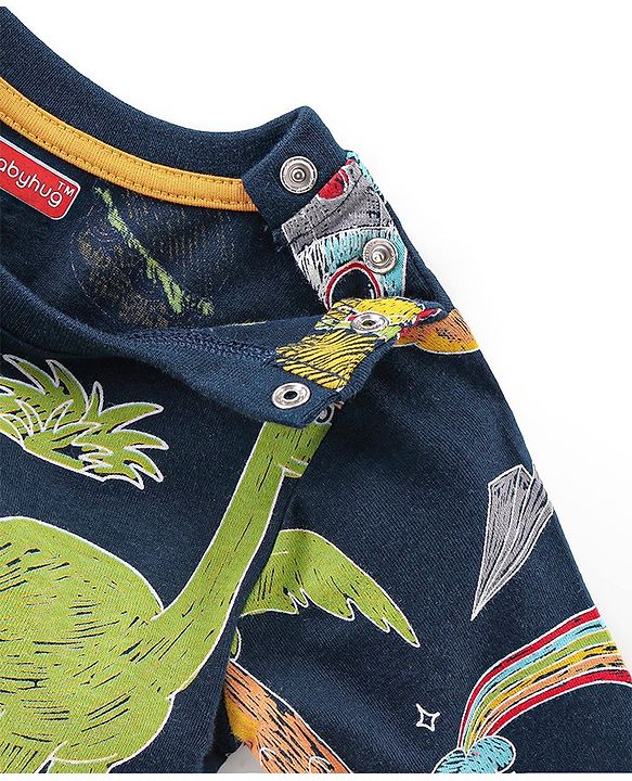 Babyhug Cotton Knit Full Sleeves Night Suit With Dino Print - Navy Blue & Green