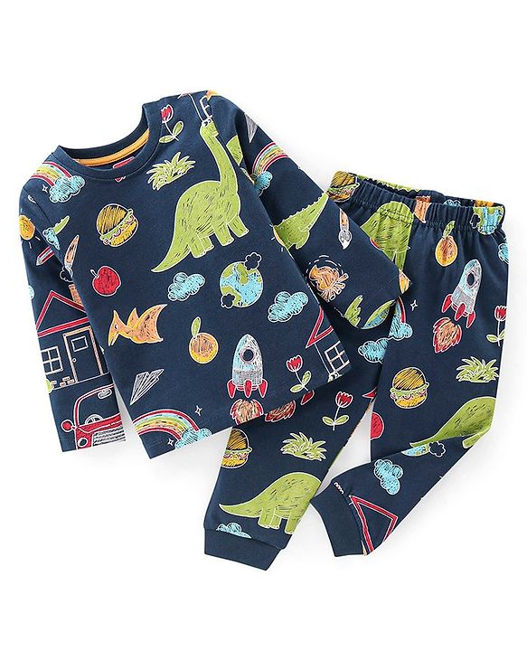 Babyhug Cotton Knit Full Sleeves Night Suit With Dino Print - Navy Blue & Green