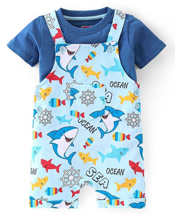 Babyhug 100% Cotton Knit Dungaree & Half Sleeves T-Shirt Set With Text & Shark Print - Blue