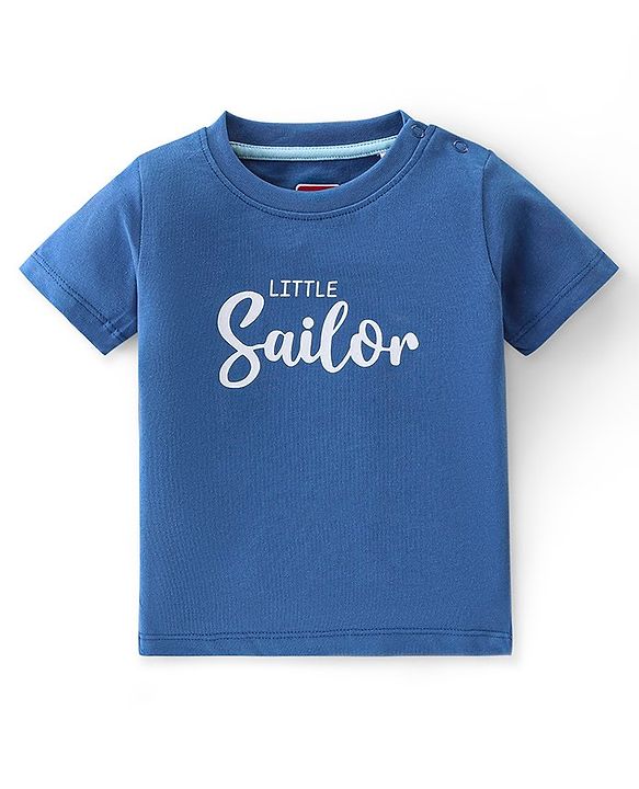 Babyhug 100% Cotton Knit Dungaree & Half Sleeves T-Shirt Set With Text & Shark Print - Blue