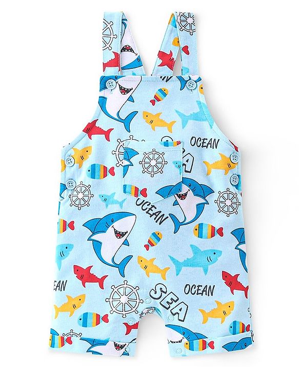 Babyhug 100% Cotton Knit Dungaree & Half Sleeves T-Shirt Set With Text & Shark Print - Blue