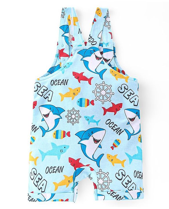 Babyhug 100% Cotton Knit Dungaree & Half Sleeves T-Shirt Set With Text & Shark Print - Blue