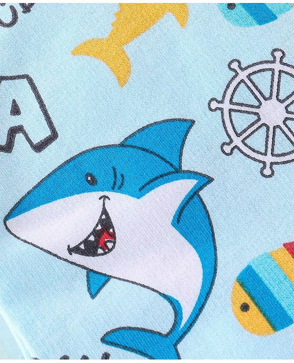 Babyhug 100% Cotton Knit Dungaree & Half Sleeves T-Shirt Set With Text & Shark Print - Blue