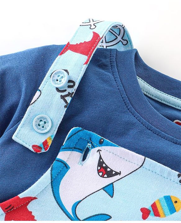 Babyhug 100% Cotton Knit Dungaree & Half Sleeves T-Shirt Set With Text & Shark Print - Blue