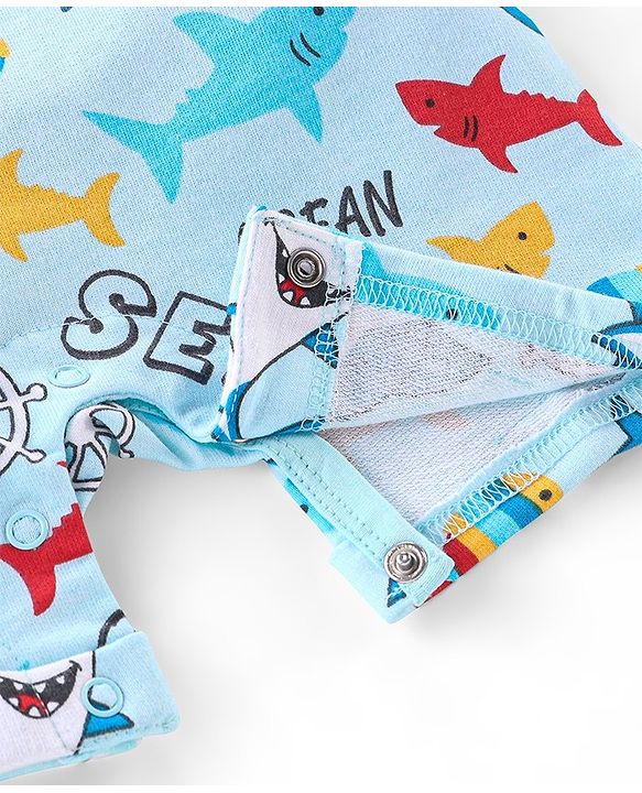 Babyhug 100% Cotton Knit Dungaree & Half Sleeves T-Shirt Set With Text & Shark Print - Blue