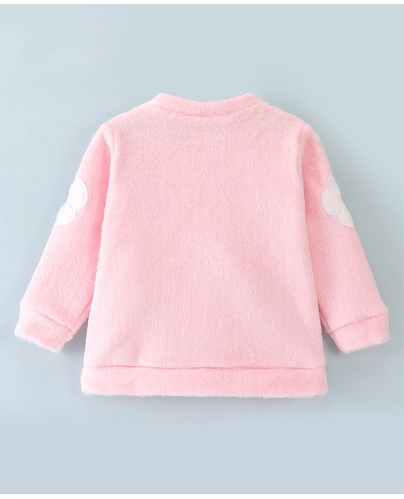 Babyhug Cotton Knit Full Sleeves Fur Sweatshirt with Floral Applique - Pink