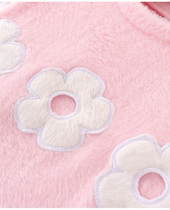 Babyhug Cotton Knit Full Sleeves Fur Sweatshirt with Floral Applique - Pink