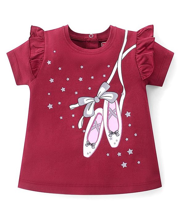 Babyhug 100% Cotton Knit Half Sleeves T-Shirt With Ballerina Shoes Glitter Graphics & Frill Detailing - Red