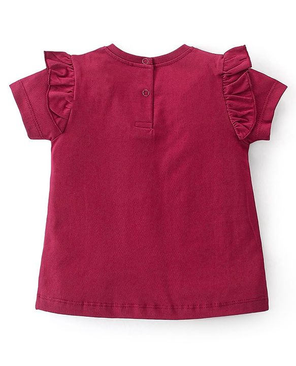 Babyhug 100% Cotton Knit Half Sleeves T-Shirt With Ballerina Shoes Glitter Graphics & Frill Detailing - Red