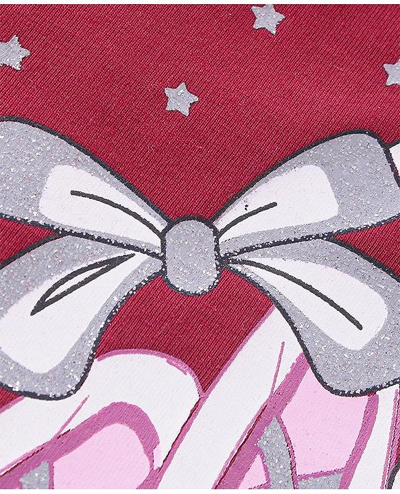 Babyhug 100% Cotton Knit Half Sleeves T-Shirt With Ballerina Shoes Glitter Graphics & Frill Detailing - Red