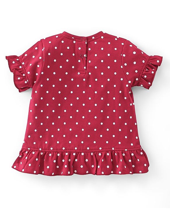 Babyhug Cotton Knit Half Sleeves Top  Polka Dot & Elephant Graphics with Frill Detailing - Maroon