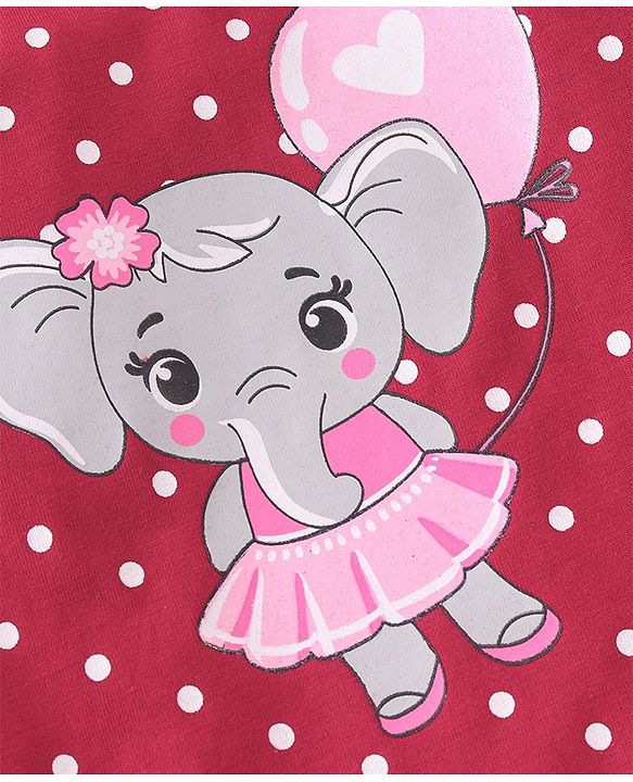 Babyhug Cotton Knit Half Sleeves Top  Polka Dot & Elephant Graphics with Frill Detailing - Maroon