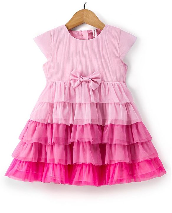Babyhug Woven Cap Sleeves Layered Party  Dress with Bow Applique - Baby Pink