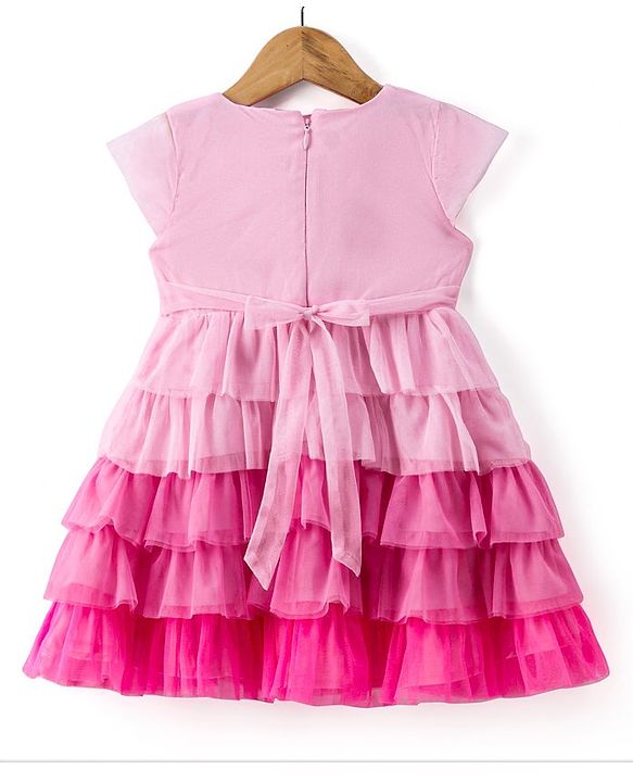 Babyhug Woven Cap Sleeves Layered Party  Dress with Bow Applique - Baby Pink