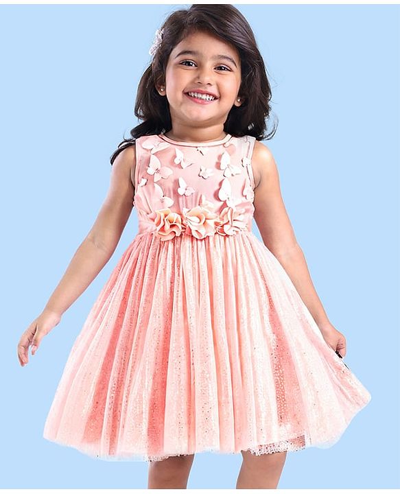 Babyhug Woven Sleeveless Party Dress with 3D Butterfly Applique - Peach